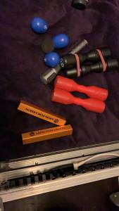 Shakers, preamp and mic used for recording the remote percussion.