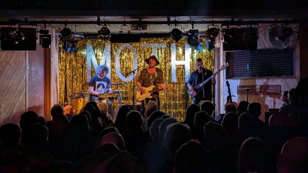 Andrew Gallop playing drums with Jamie Perrett supporting Steve Wynn on stage at the MOTH Club, 25th March 2025.